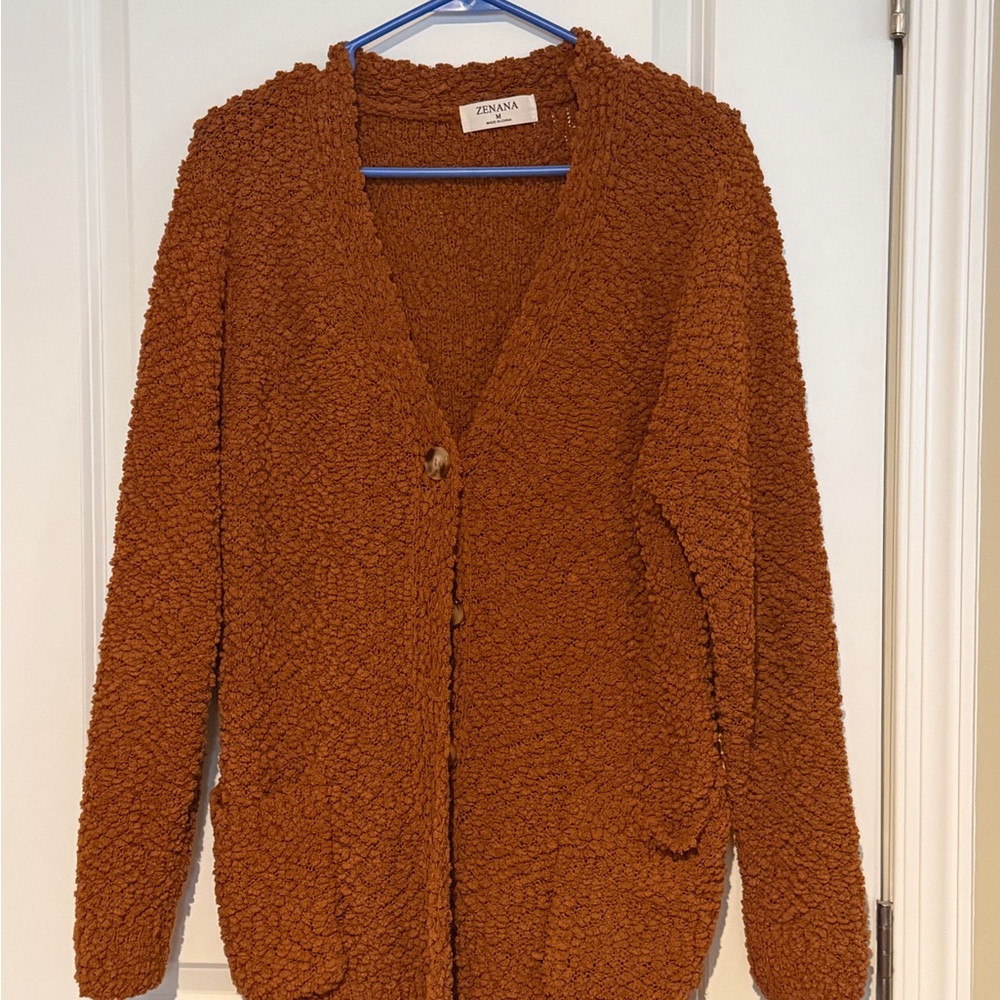 Zenana Outfitters Burnt Orange Sherpa Button-Front Cardigan